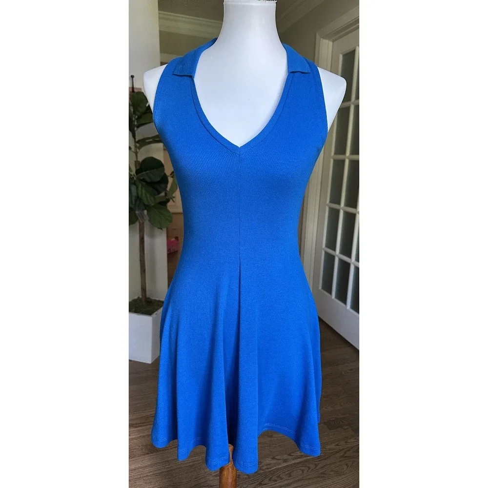 Zara Blue Lapel Collared Sleeveless Ribbed Skater Knit Mini Dress Size M - Picture 2 of 6